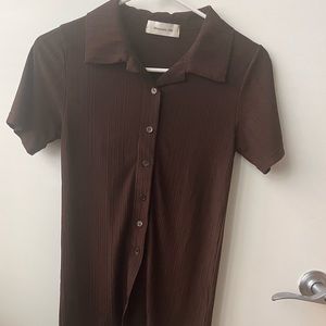 Ribbed brown button-up top